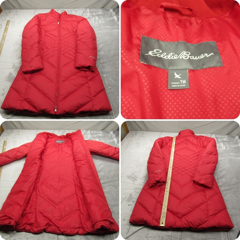 Eddie Bauer Down Jacket Womens Medium Tall Red Insulated Full Zip Thick Puffer
